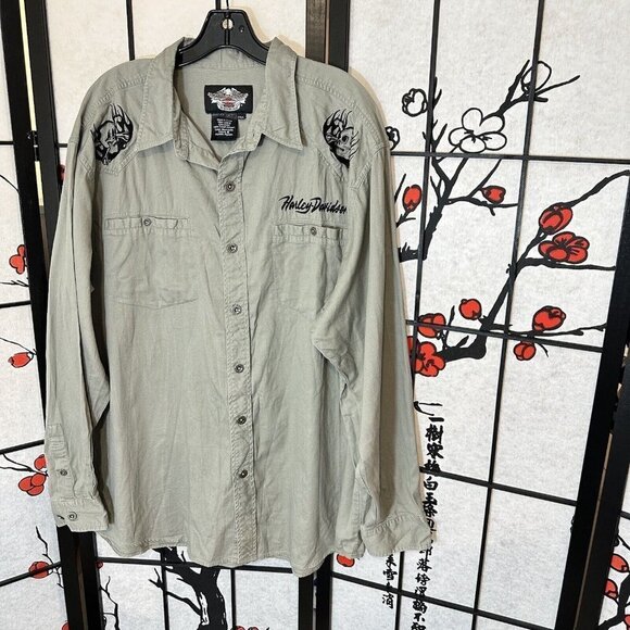 HARLEY DAVIDSON Gray Long Sleeve Button Down Embroidered Shirt Mens Size 2XL - Picture 1 of 5